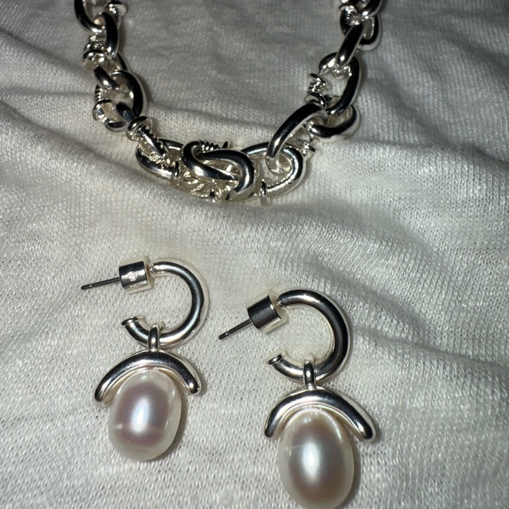Silver Pearl Drop Hoop Earrings and Necklace BANANA REPUBLIC